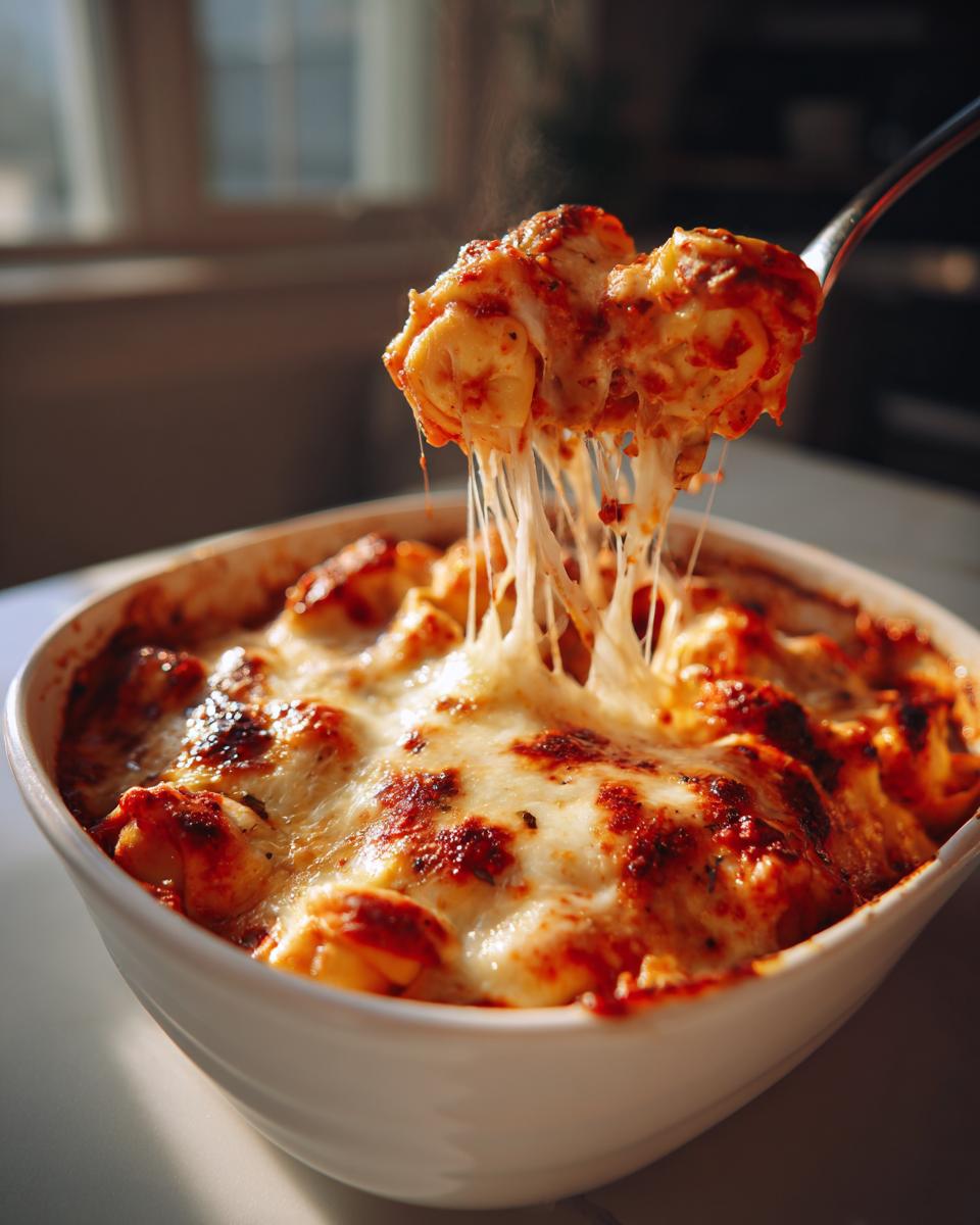 Een lepel schept dampende Tortellini Al Forno met lange draden gesmolten kaas uit een witte ovenschaal.