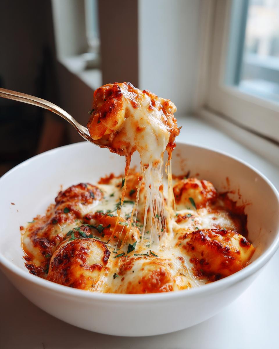 Een lepel haalt een stuk Tortellini Al Forno uit een kom, met lange draden gesmolten kaas.