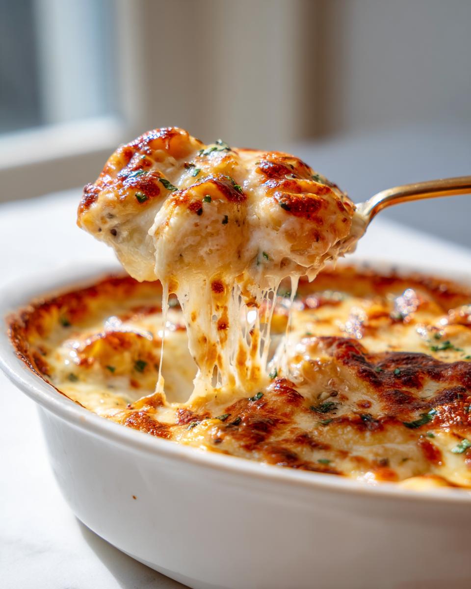 Een lepel schept romige Tortellini Al Forno uit een ovenschaal, met lange draden gesmolten kaas.