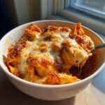 Close-up van een kom Tortellini Al Forno met een dikke laag gesmolten, goudbruine kaas.