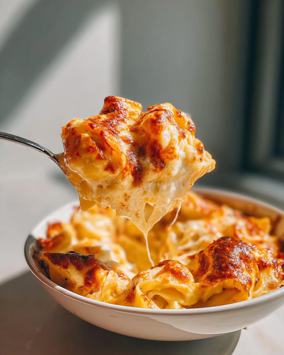 Lepel met romige, gegratineerde Tortellini Al Forno, met lange draden gesmolten kaas.