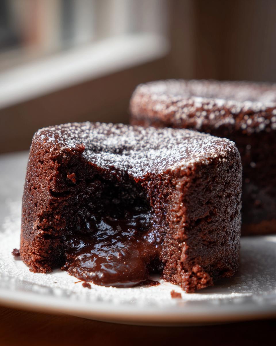 Close-up van een Tunnel Of Fudge Cake met een hap eruit, waar vloeibare chocolade uitstroomt.