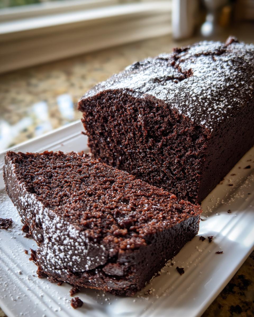 Een donkerbruine, fudgy plak Tunnel Of Fudge Cake bestrooid met poedersuiker op een wit bord.