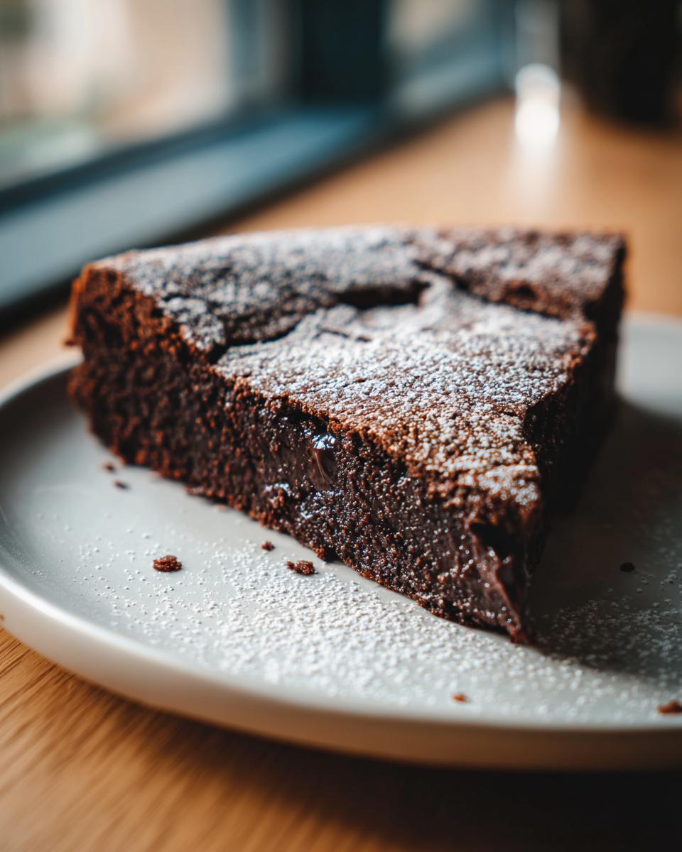 Een driehoekig stuk fudgy Tunnel Of Fudge Cake, bestrooid met poedersuiker op een lichtgrijs bord.