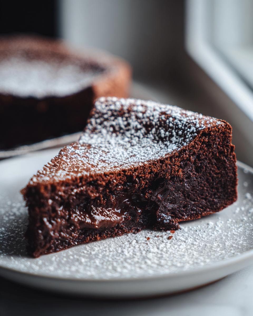 Een punt van de rijke Tunnel Of Fudge Cake, met een smeu&iuml;ge chocoladevulling en bestrooid met poedersuiker.