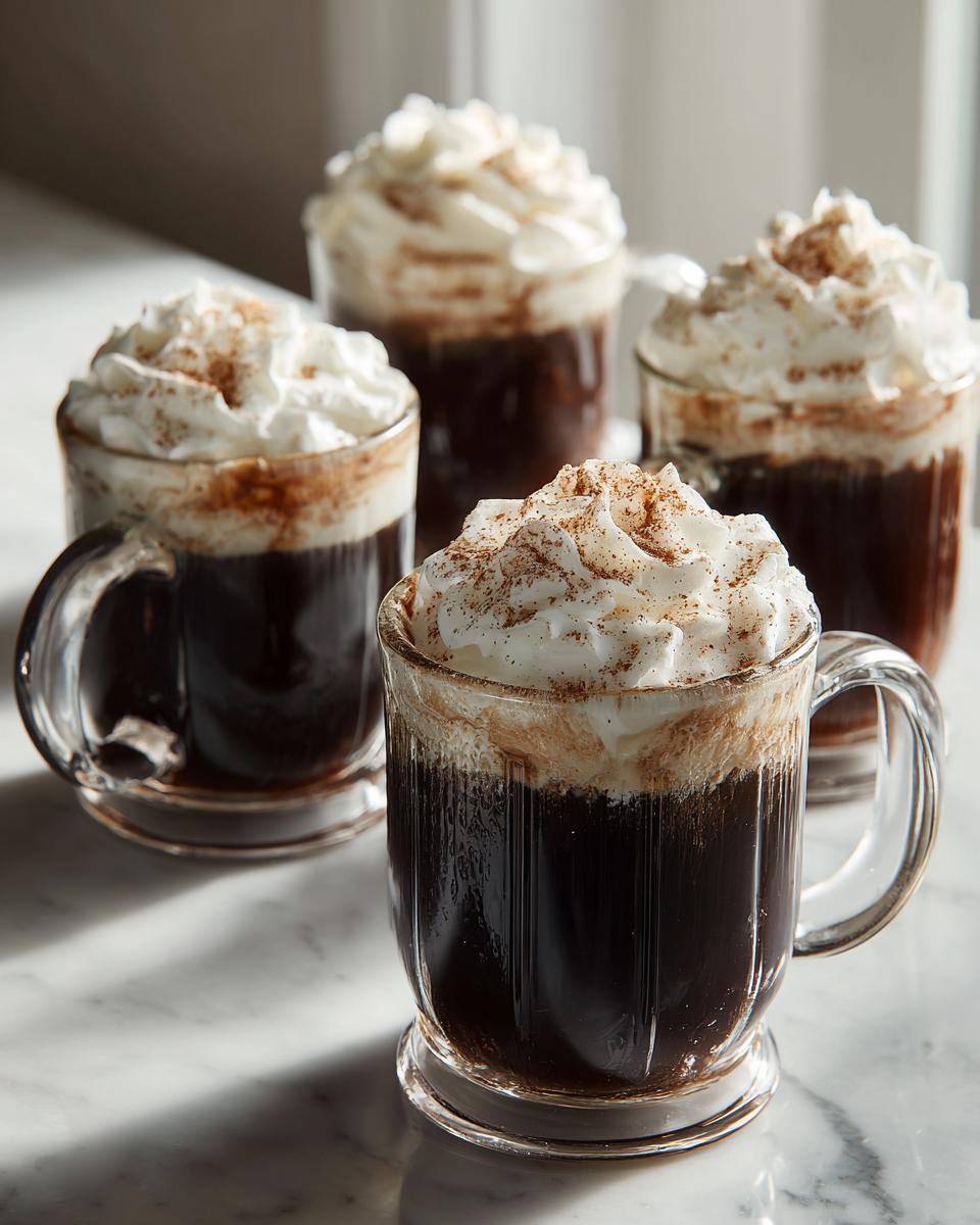 Vier glazen met donkere Mexicaanse Koffie, afgetopt met een royale toef slagroom en kaneel.