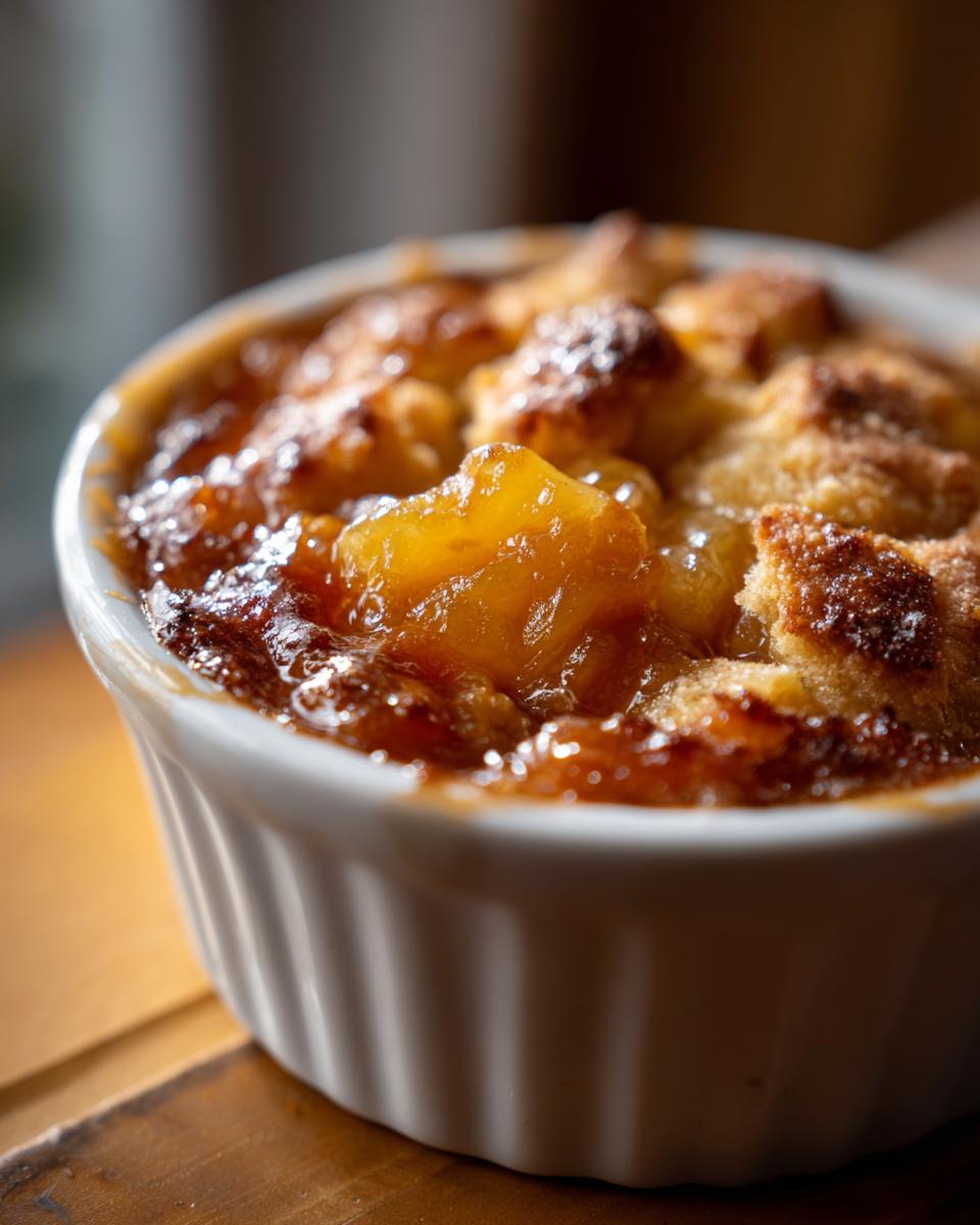 Close-up van een warme, bubbelende Ananas Cobbler met gekarameliseerde stukjes ananas en een goudbruine topping.