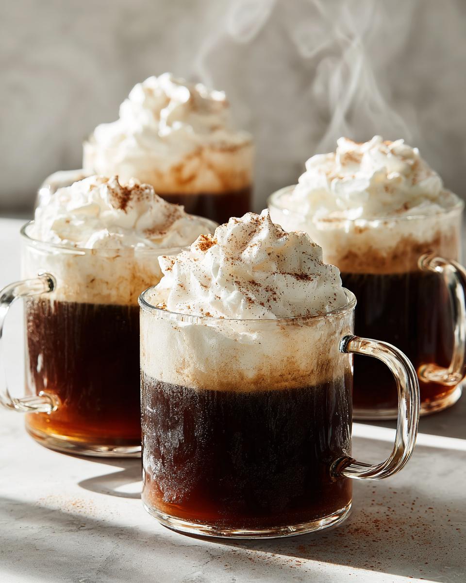 Vier glazen warme Mexicaanse Koffie met een toren van slagroom en kaneel eroverheen.