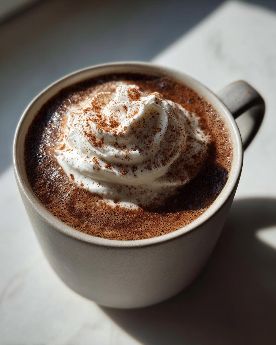 Close-up van een mok met warme Mexicaanse Koffie, afgetopt met slagroom en kaneel.