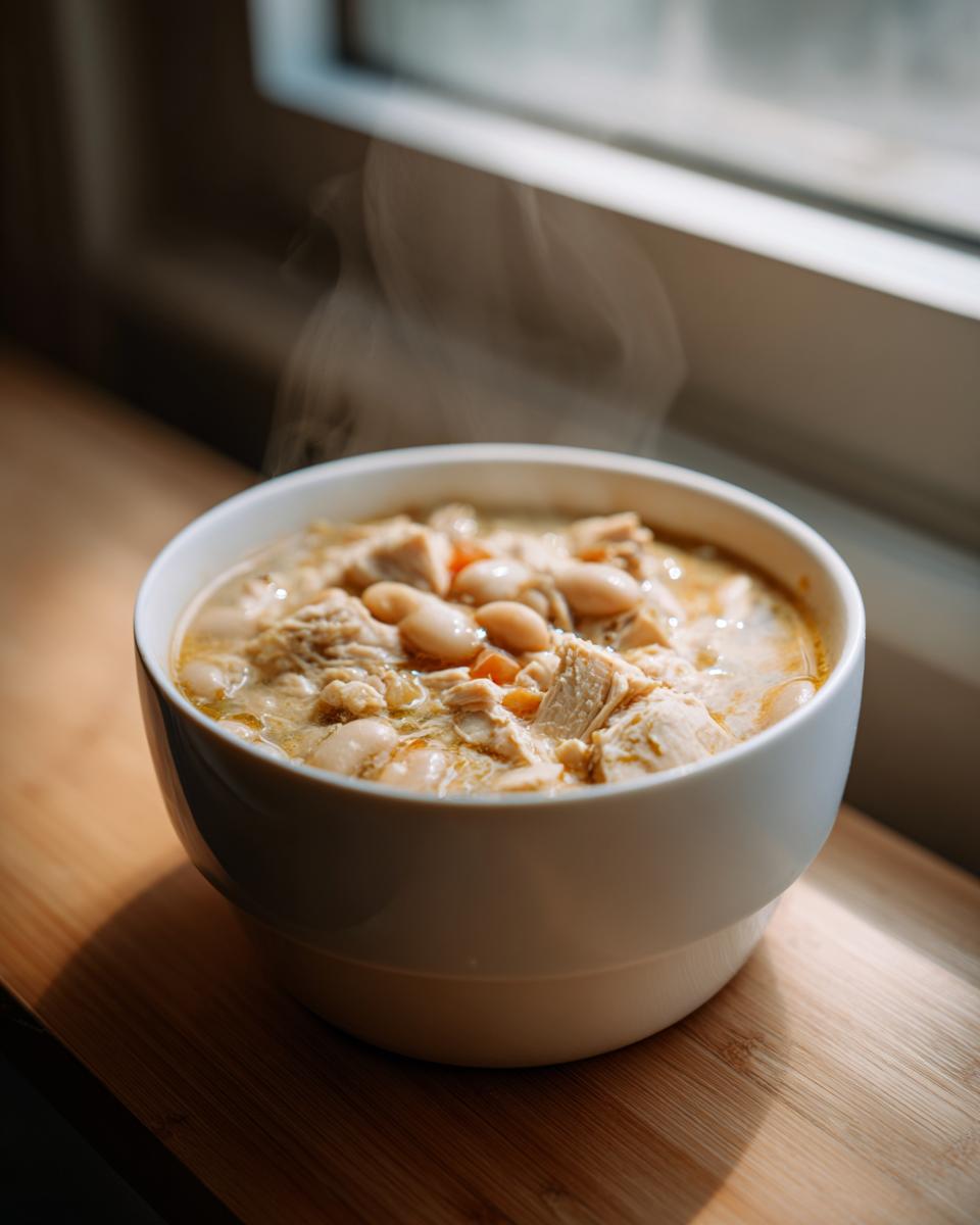 Close-up van een dampende witte kom met White Chicken Chili, gevuld met kip en witte bonen.