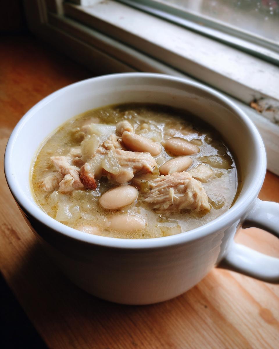 Close-up van een witte mok gevuld met romige White Chicken Chili, met stukjes kip en witte bonen.