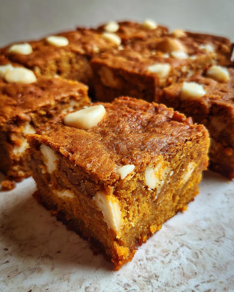 Een vierkant stuk zachte Pumpkin Blondies met stukjes witte chocolade, scherp in beeld.