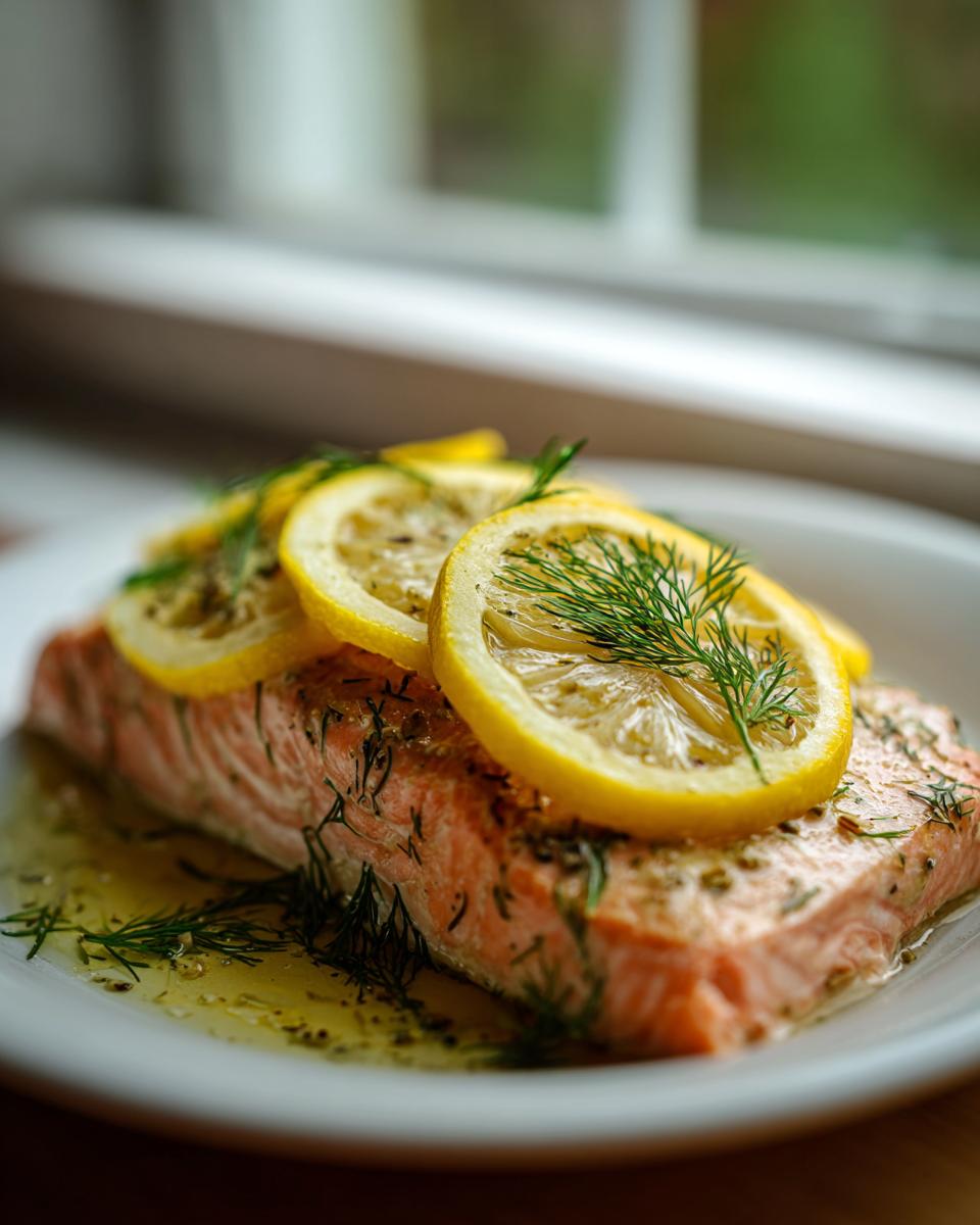 Gepocheerd stuk zalm met schijfjes citroen en verse dille, een van onze Easy Salmon Recipes.