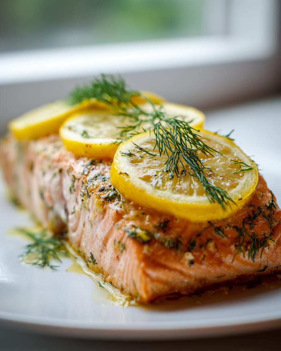 Close-up van een stuk zalmfilet, gegarneerd met citroenschijfjes en verse dille, een van de Easy Salmon Recipes.