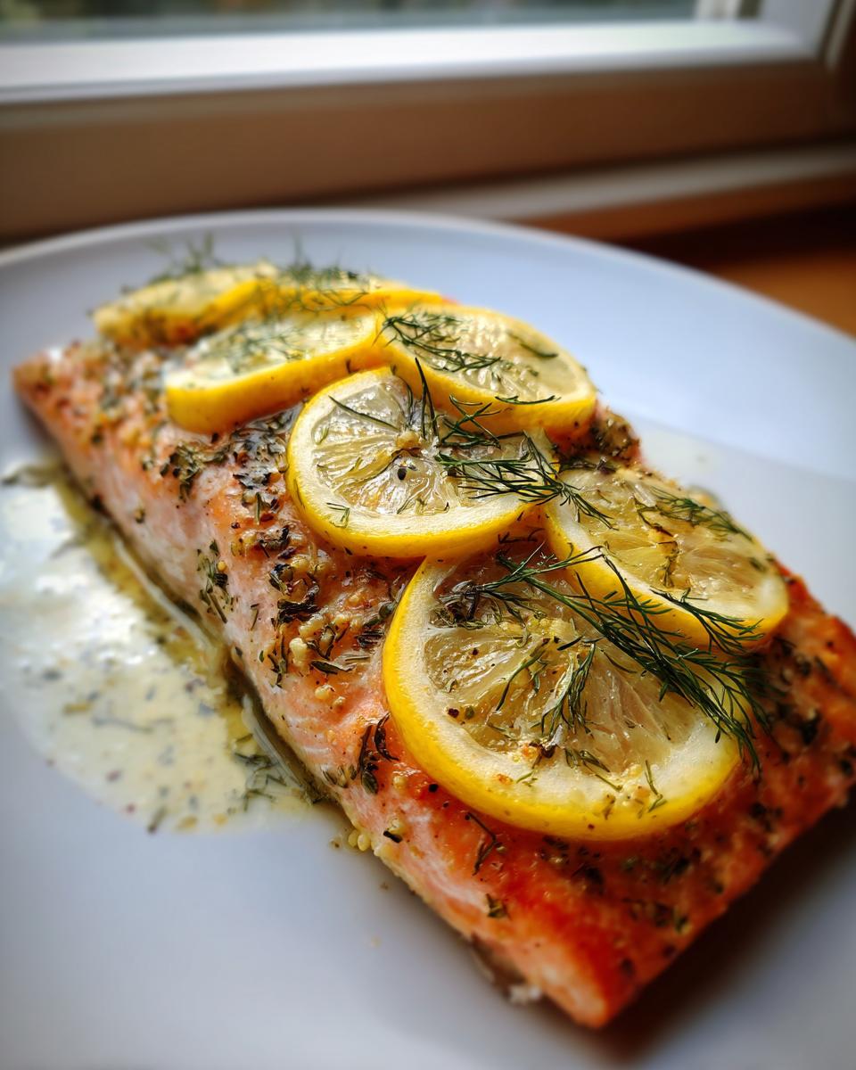 Geroosterde zalmfilet met schijfjes citroen en dille, een van de Easy Salmon Recipes.