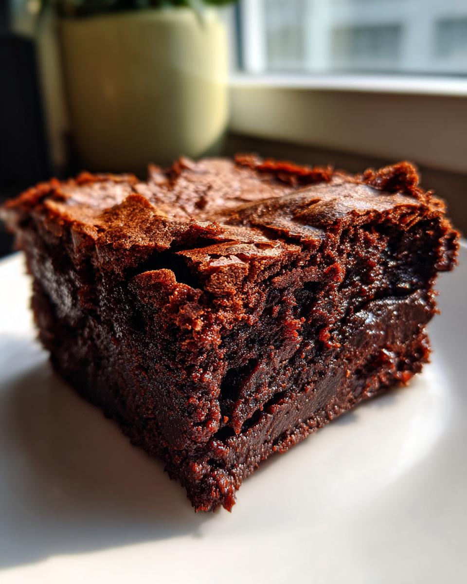 Close-up of a thick, fudgy square of Buttermilk Brownies showing a shiny, cracked top.