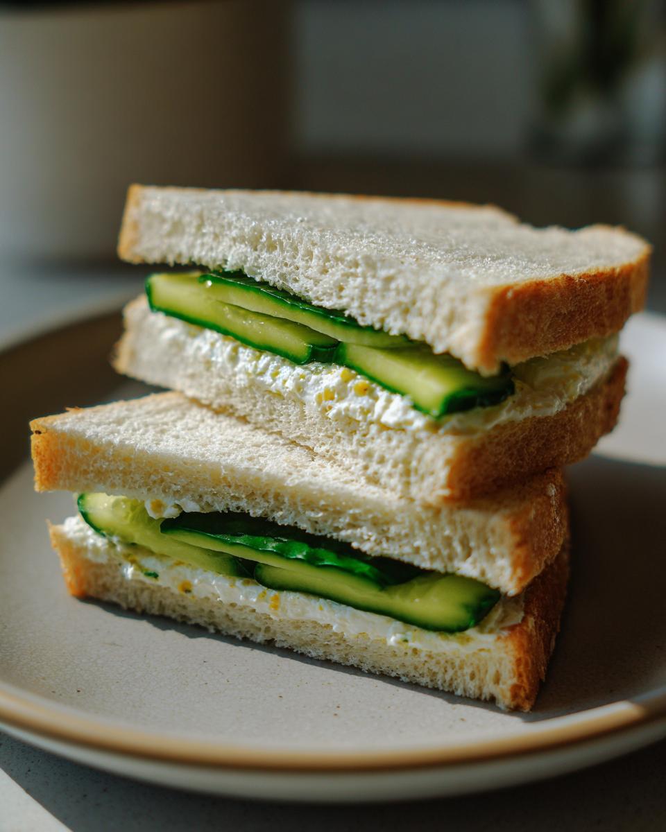 Two halves of a classic Cucumber Sandwich stacked on a neutral plate, showing creamy filling and fresh cucumber slices.