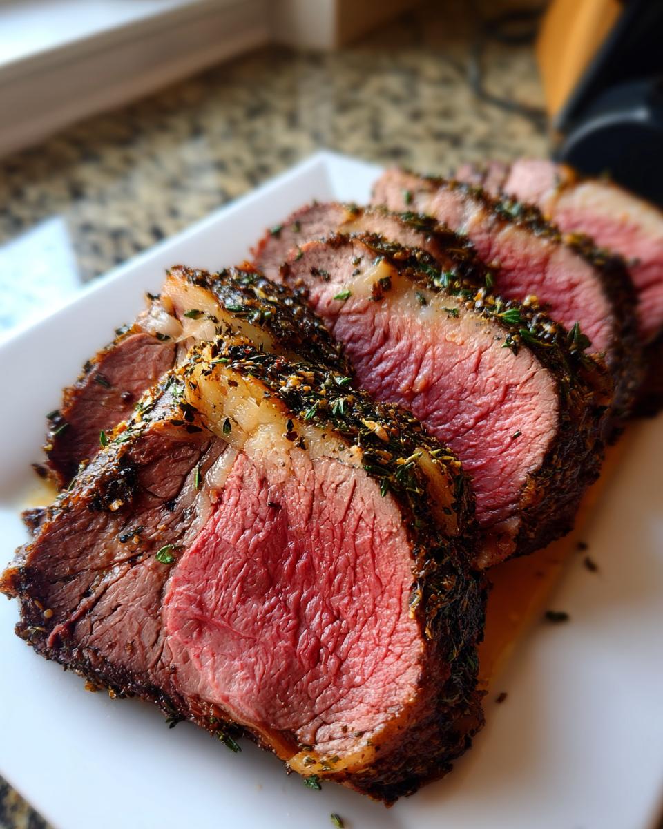 Close-up of several medium-rare slices of Classic Roast Beef with a dark herb crust on a white platter.
