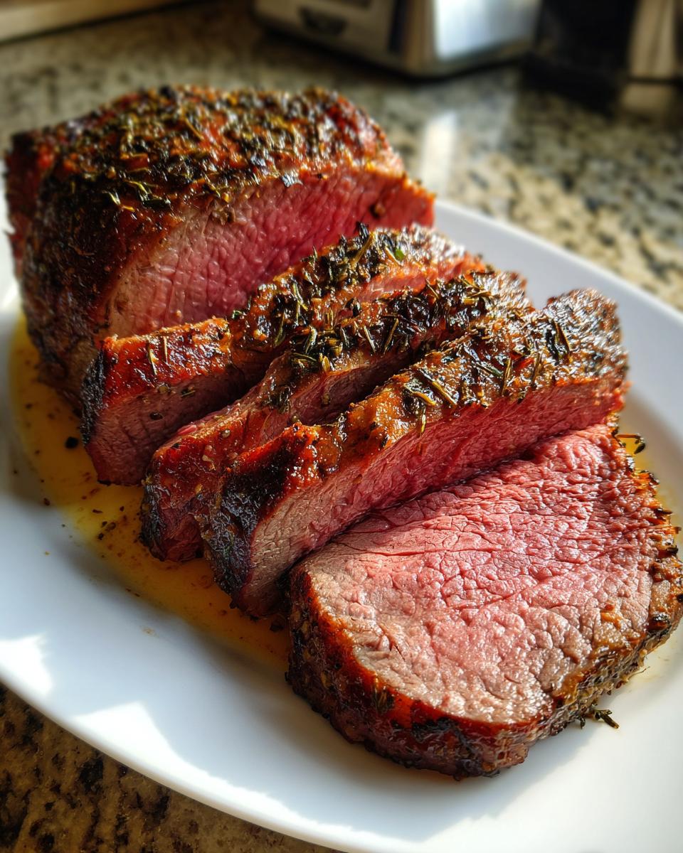 Slices of medium-rare Classic Roast Beef resting in its juices, featuring a dark, herbed crust.
