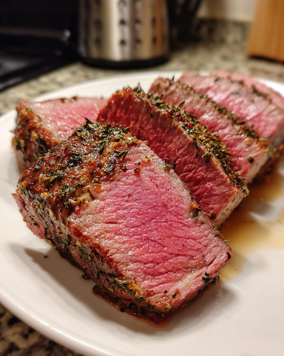Close-up of several thick slices of medium-rare Classic Roast Beef, crusted with herbs.