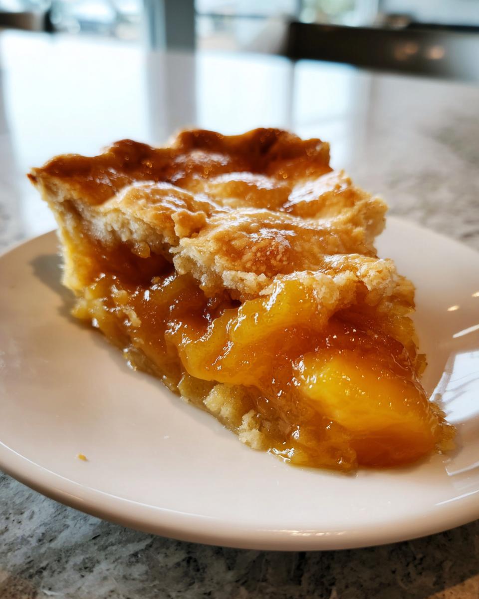 A close-up of a generous slice of Classic Southern Peach Cobbler showing gooey peach filling and a flaky, golden crust.