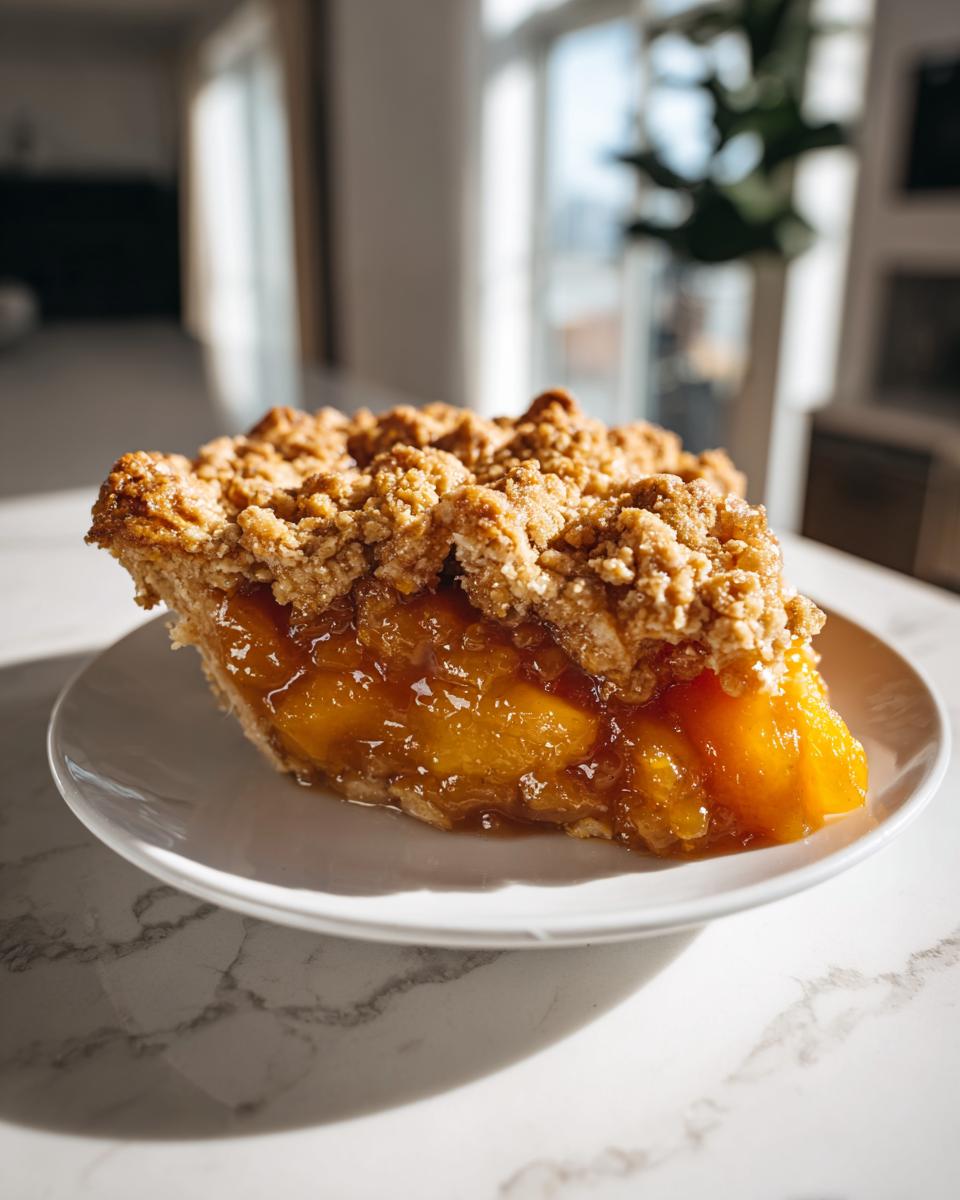 A close-up of a delicious slice of Classic Southern Peach Cobbler with a thick, golden crumble topping served on a white plate.