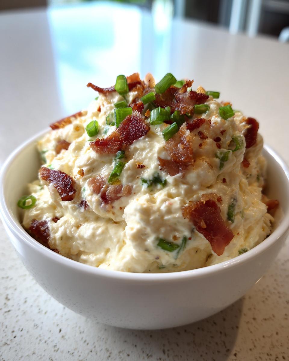 A white bowl filled with creamy Million Dollar Dip, topped generously with crispy bacon bits and chopped green chives.
