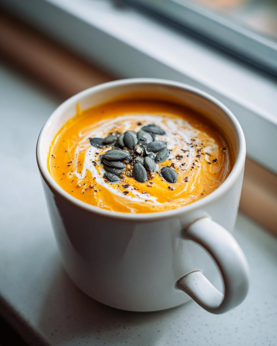 Close-up of vibrant orange Pumpkin Soup served in a white mug, topped with cream swirl and dark pumpkin seeds.