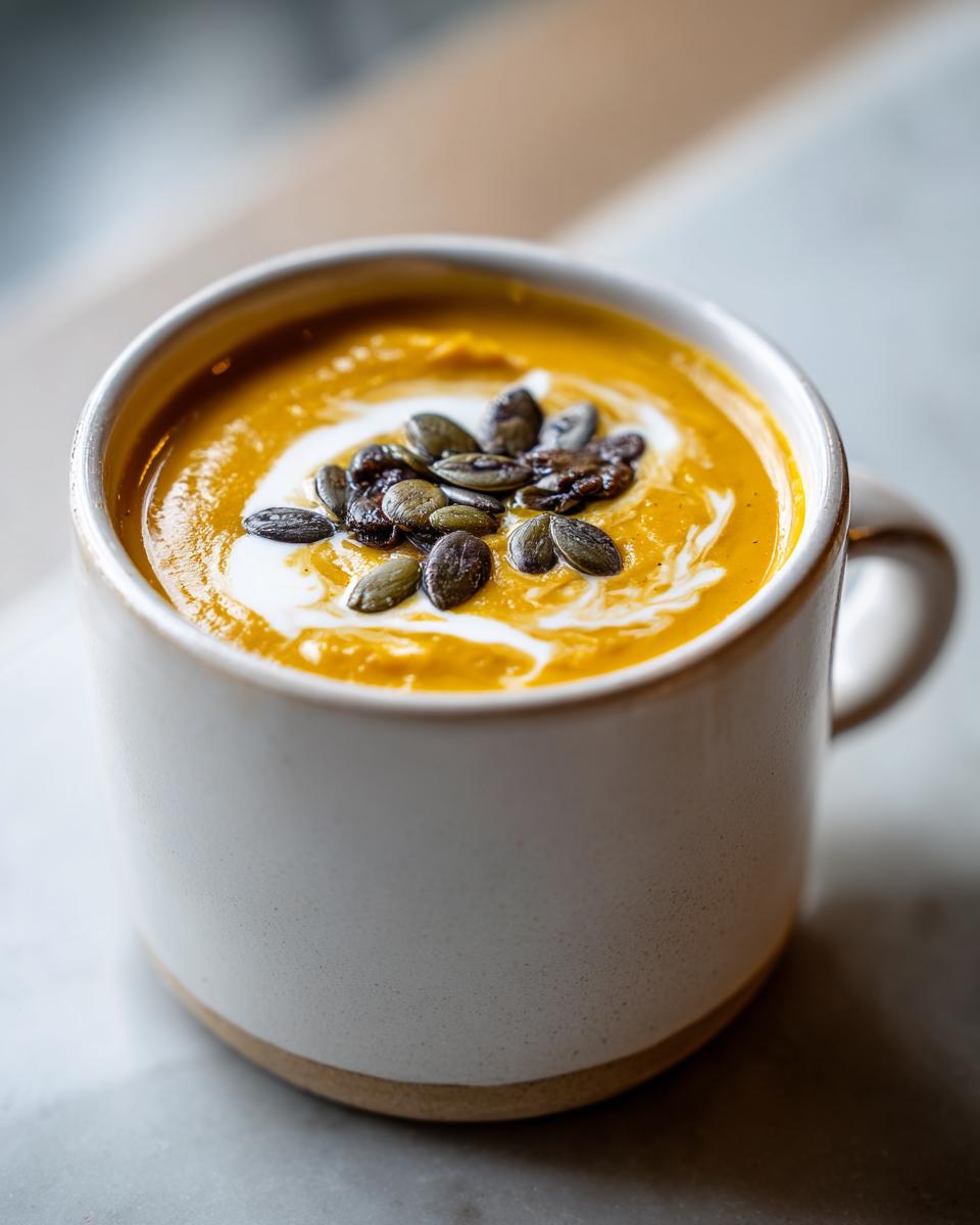 Close-up of creamy orange Pumpkin Soup served in a white mug, swirled with cream and topped with dark pumpkin seeds.
