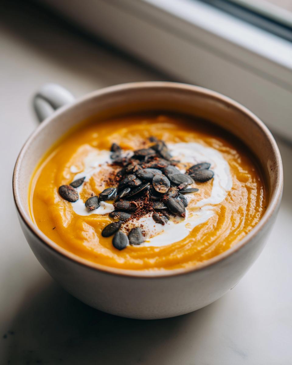 A close-up of a bowl of vibrant orange Pumpkin Soup, garnished with a swirl of cream and toasted pumpkin seeds.