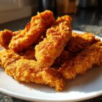 A pile of golden brown, crispy Air Fryer Chicken Tenders stacked on a white plate, highlighted by sunlight.