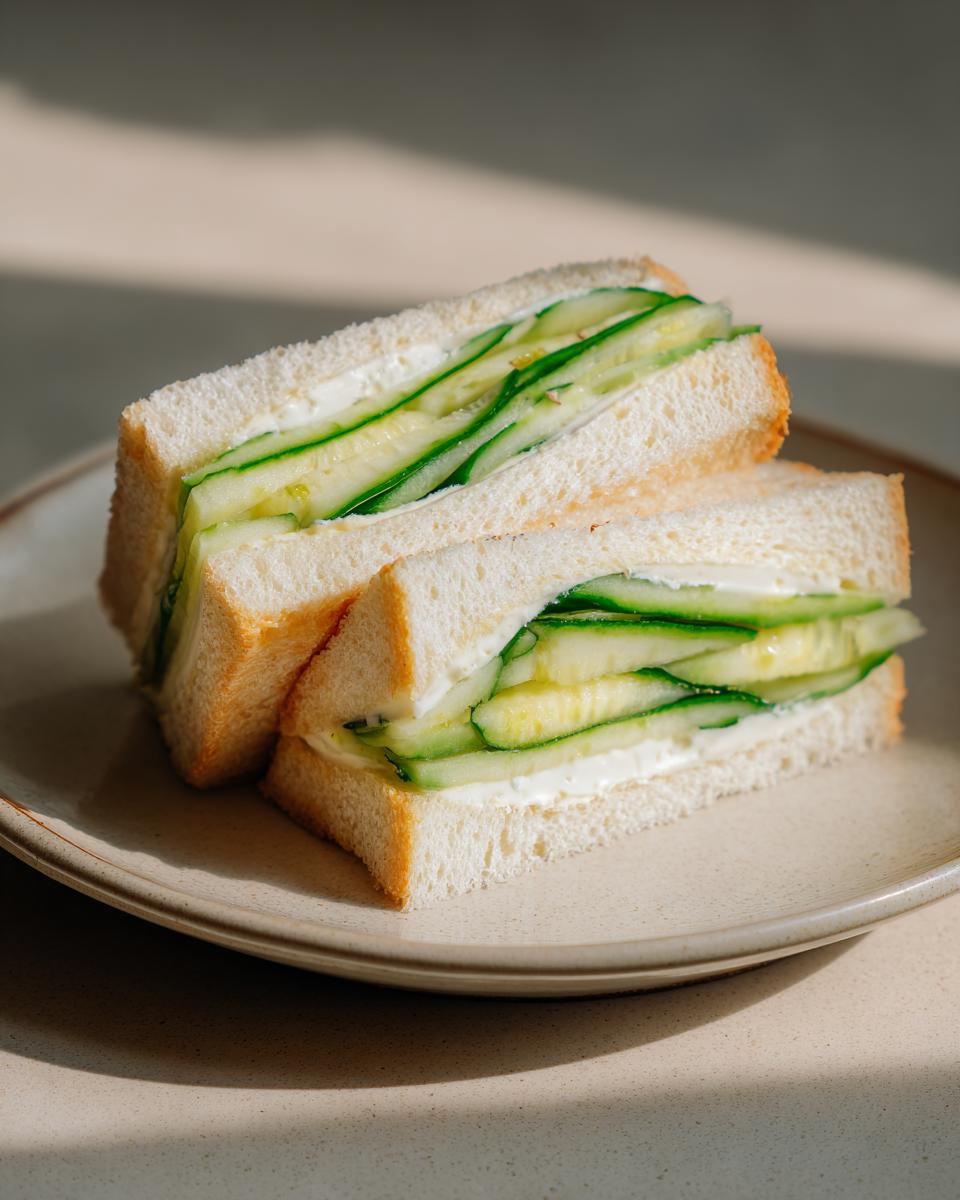 Two halves of a classic Cucumber Sandwich stacked on a light plate, showing creamy filling and thin cucumber slices.