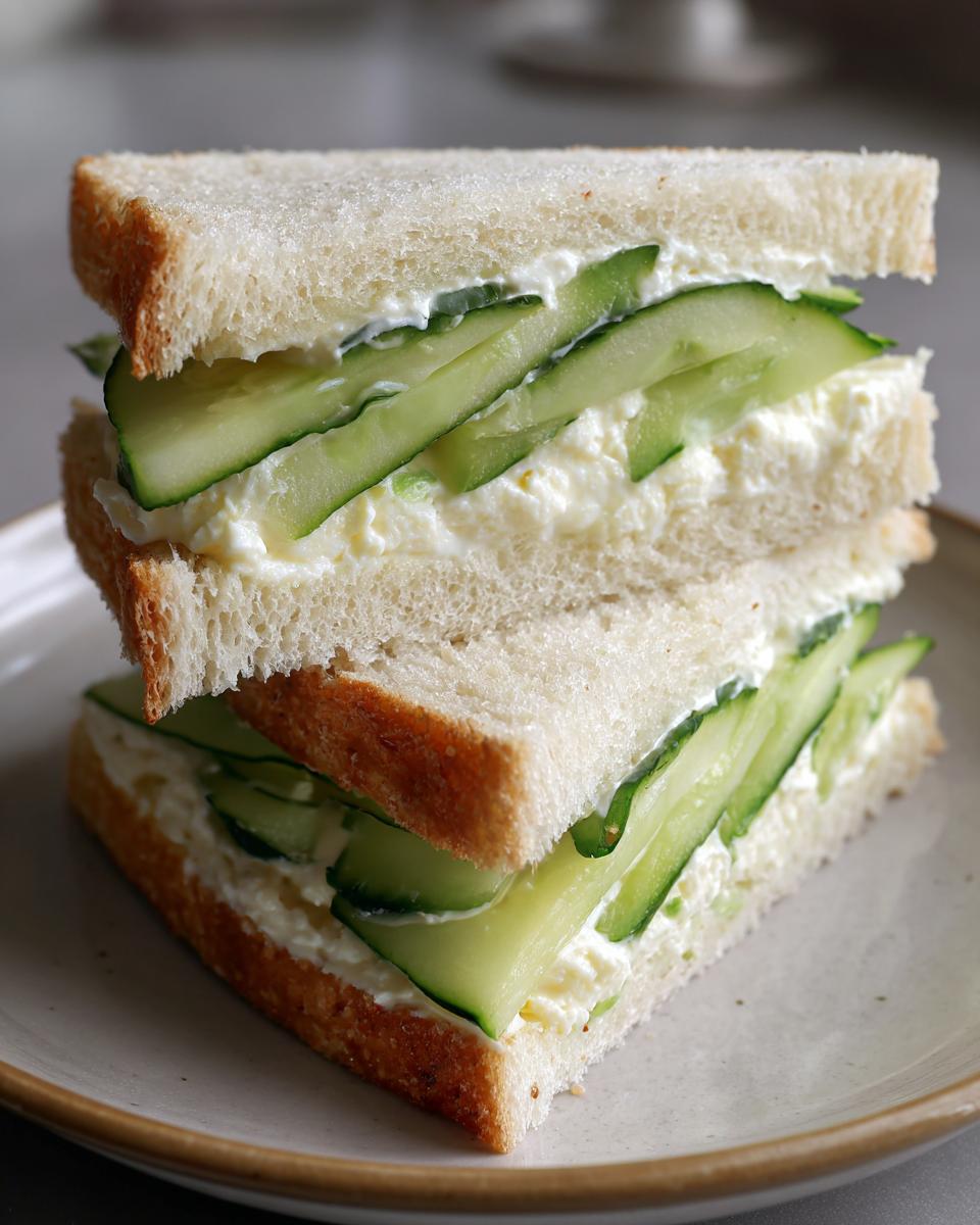 A close-up of a stacked Cucumber Sandwich cut in half, showing creamy filling and fresh cucumber slices between soft white bread.
