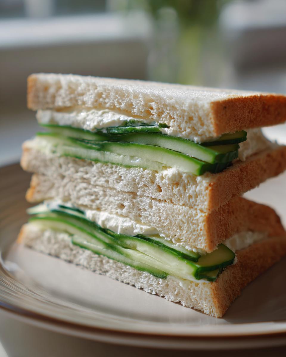 Close-up of a stacked Cucumber Sandwich featuring thin cucumber slices and cream cheese on white bread.