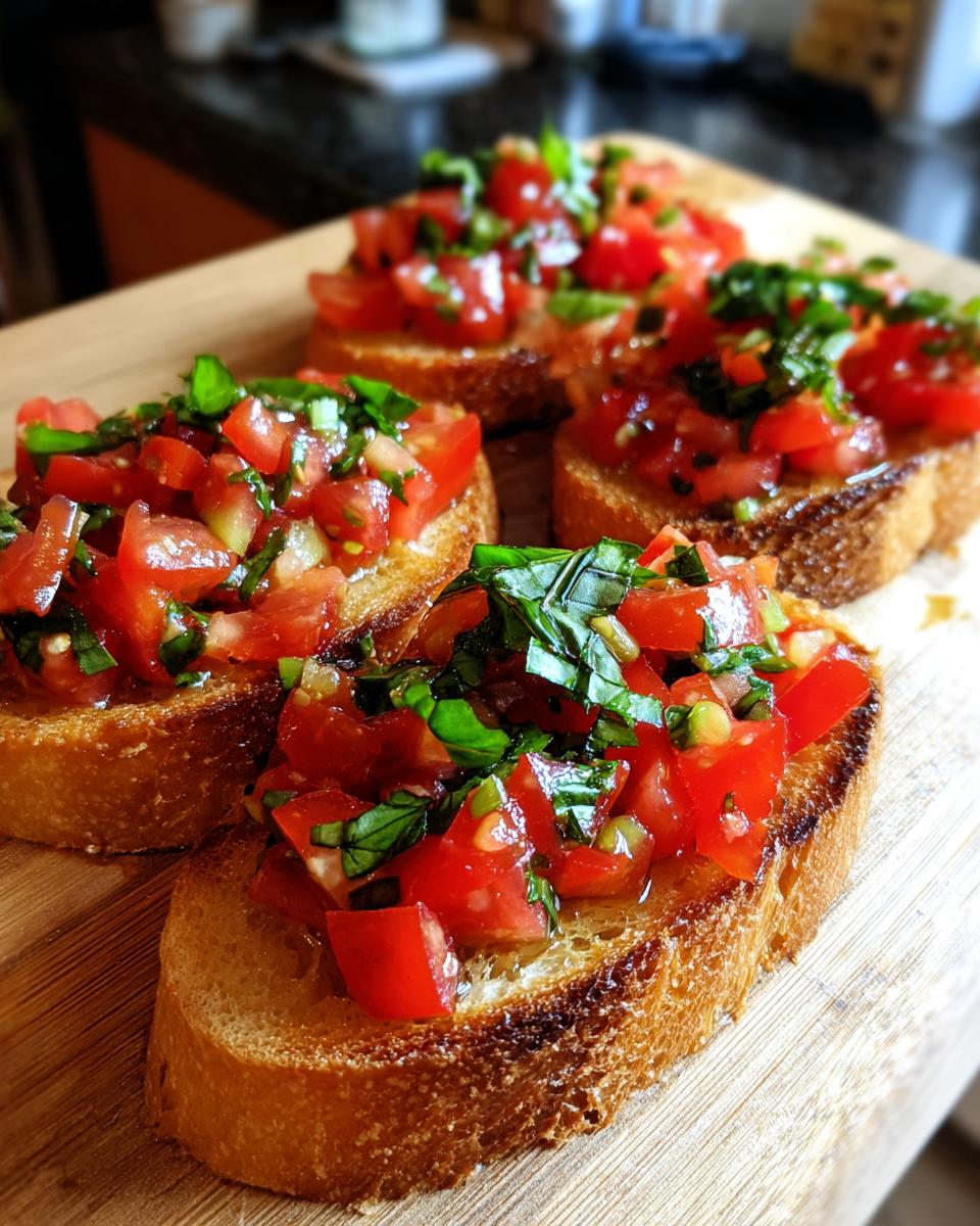 Close-up of four slices of toasted bread topped with fresh tomato, basil, and olive oil for Easy Bruschetta.