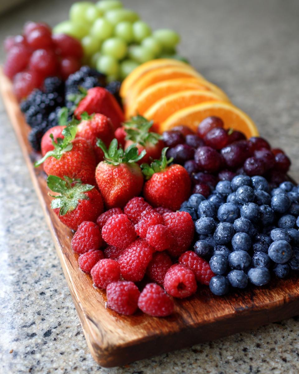 A vibrant close-up of a Fruit Charcuterie Board featuring strawberries, raspberries, blueberries, and grapes.