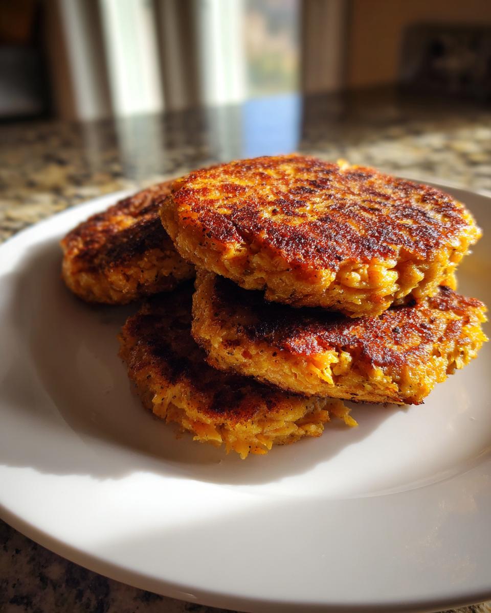 A stack of four perfectly pan-fried Salmon Patties with a crispy, golden-brown exterior.