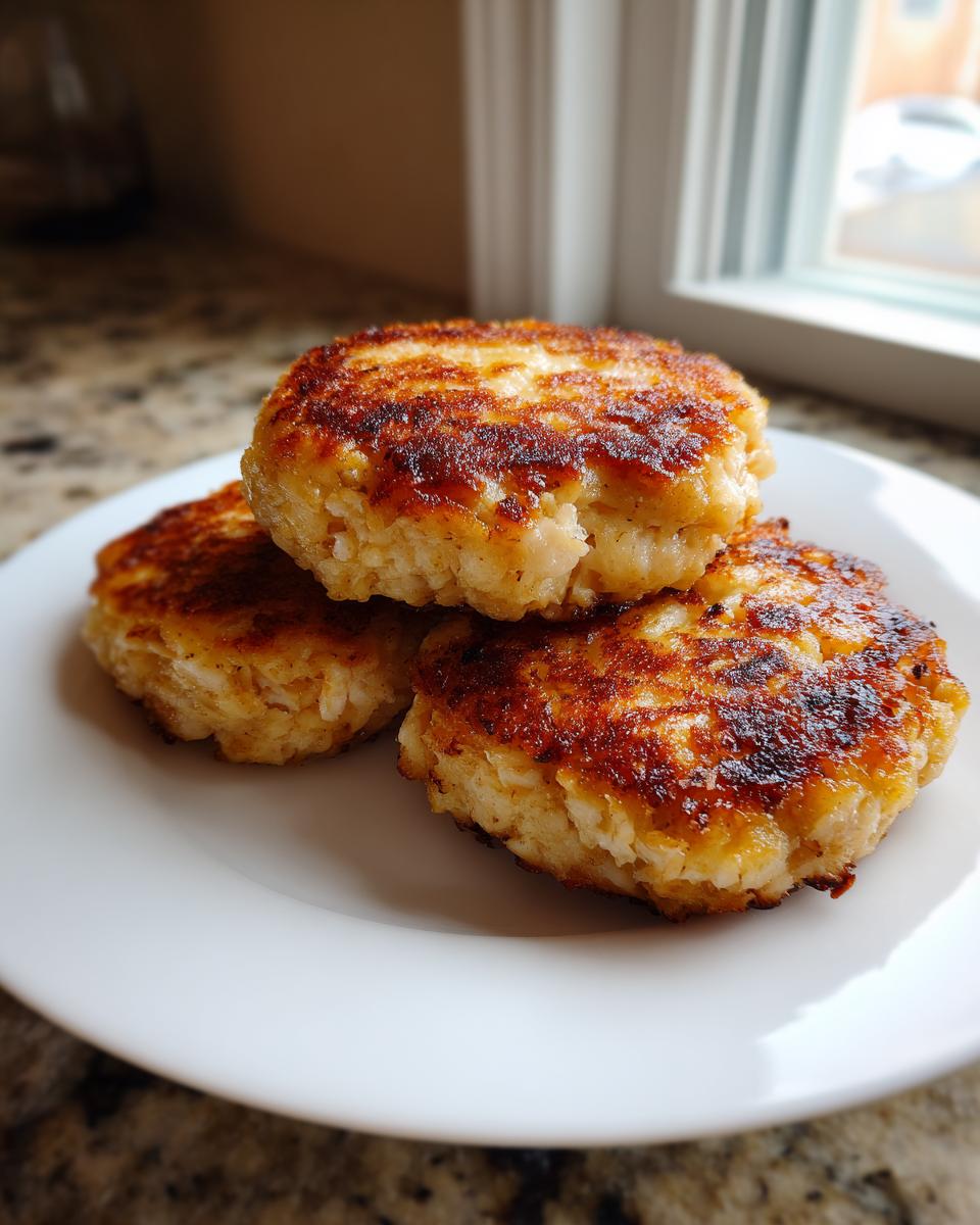 Three perfectly pan-fried Salmon Patties stacked on a white plate, showing a crispy, golden-brown exterior.