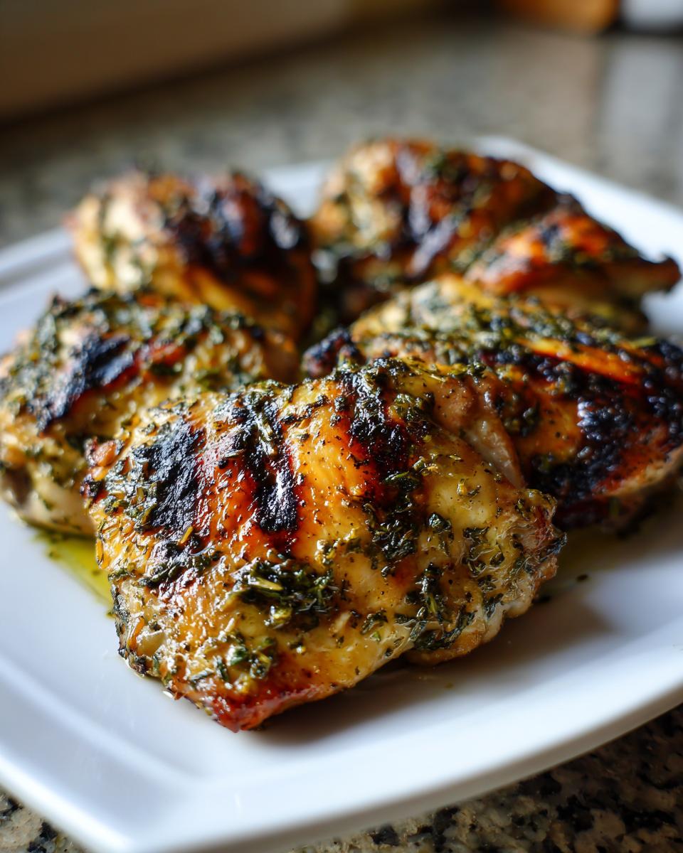 Close-up of juicy, grilled Greek Lemon Chicken pieces covered in a bright green herb marinade on a white plate.