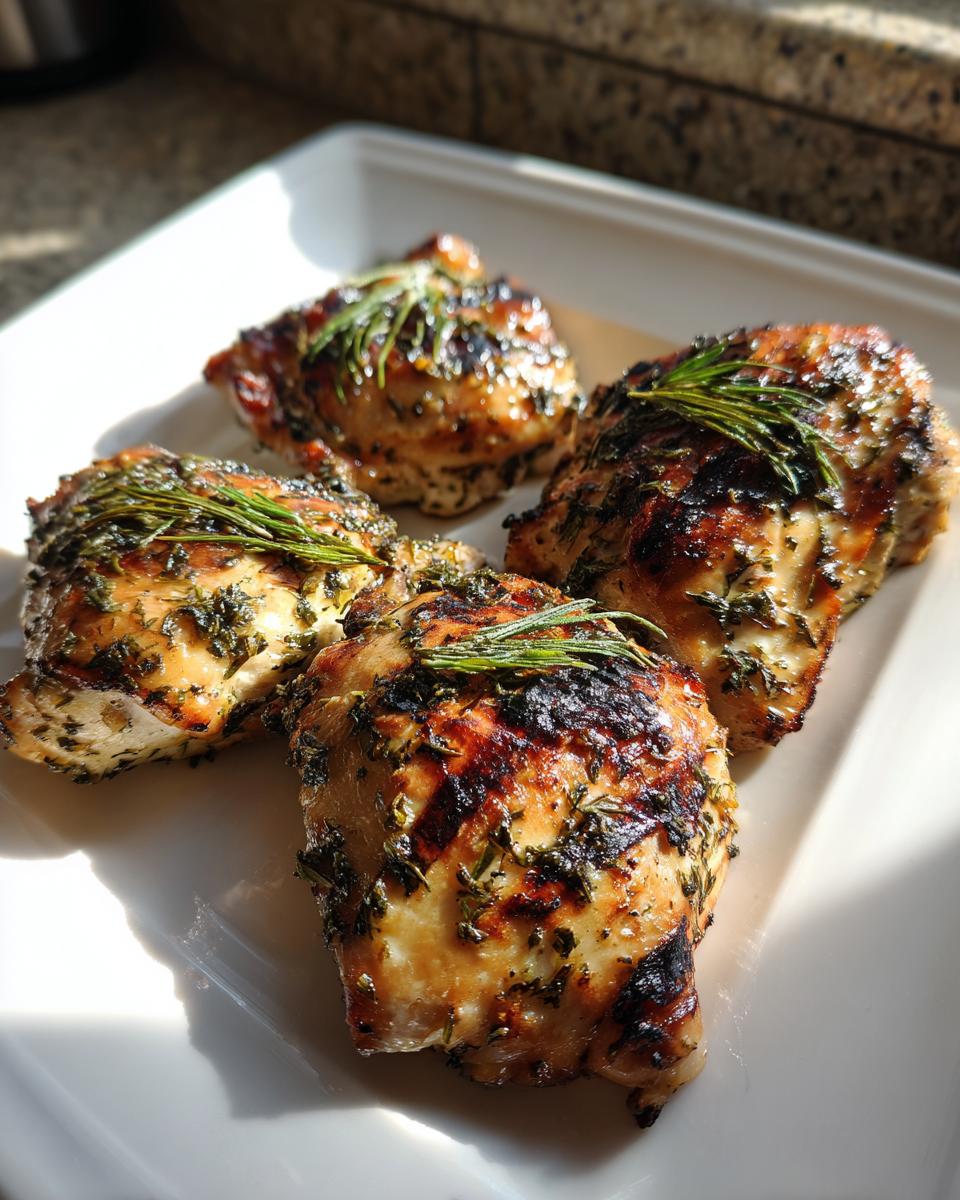 Four perfectly cooked pieces of Greek Lemon Chicken with crispy, herbed skin resting on a white platter.