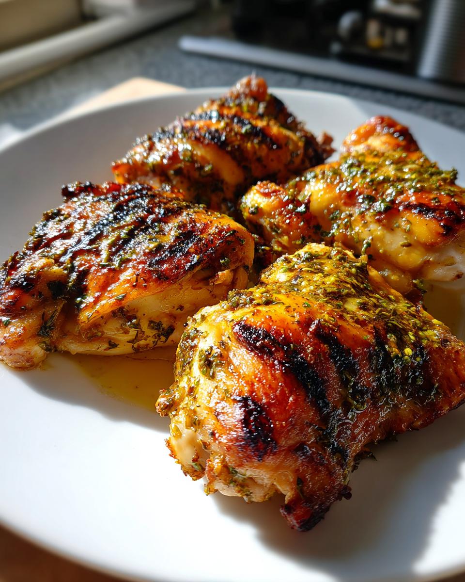 Four pieces of beautifully grilled Greek Lemon Chicken thighs, glistening with marinade and herbs, resting on a white plate.