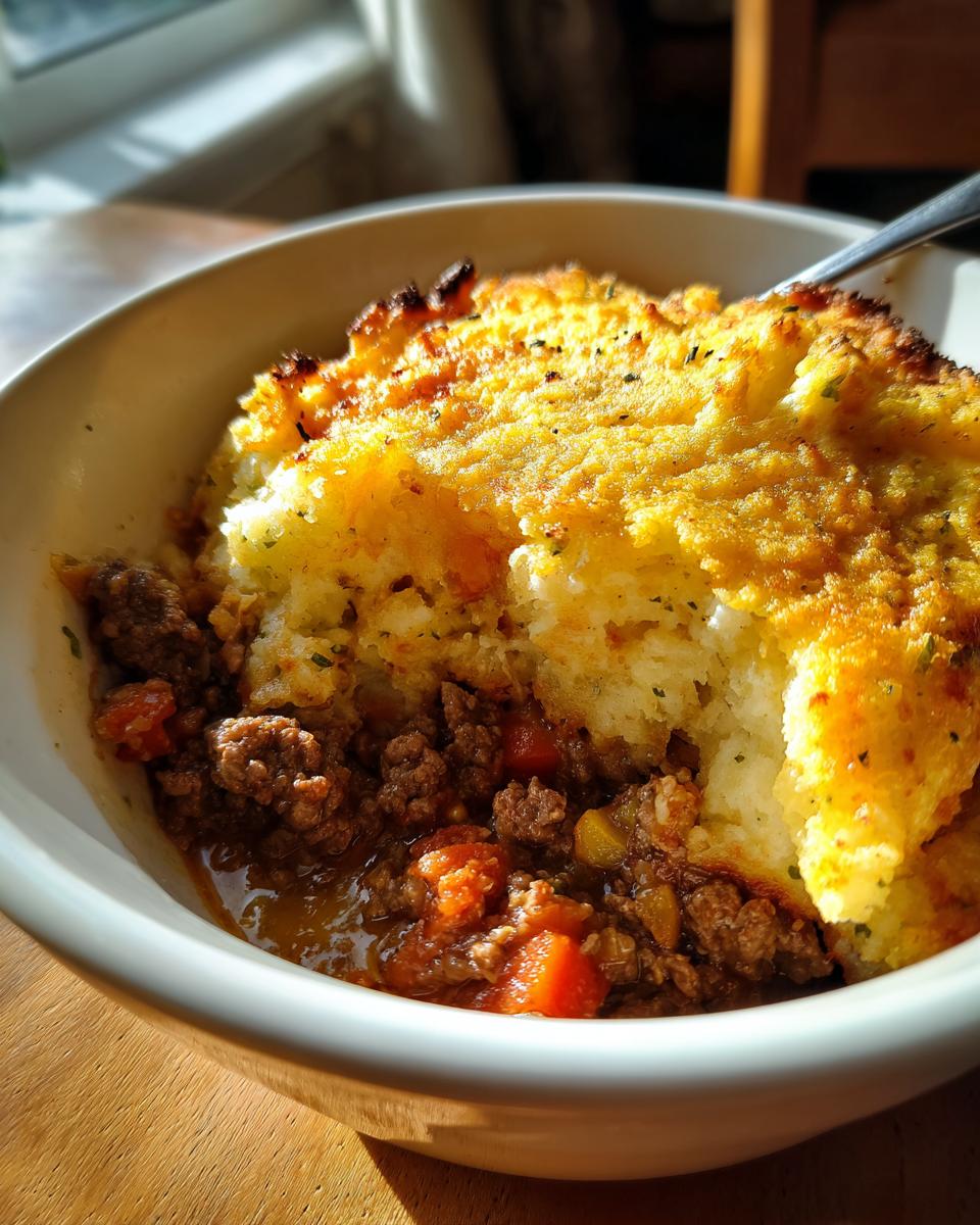 Close-up of a serving of Homemade Shepherds Pie in a white bowl, showing the browned mashed potato topping and rich meat filling.