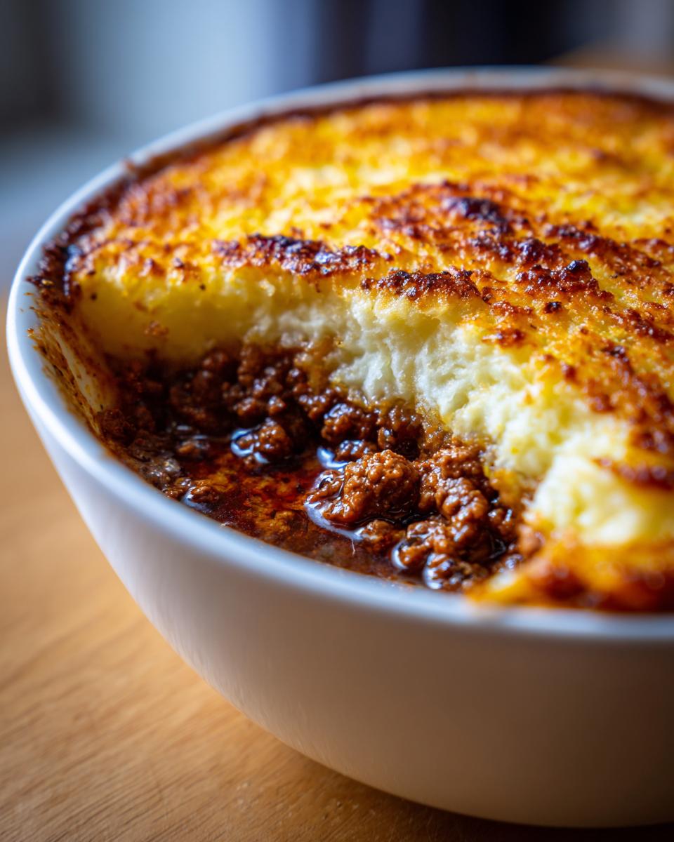 Close-up of a serving of Homemade Shepherds Pie with a scoop removed, showing rich meat filling and golden, crispy mashed potato topping.