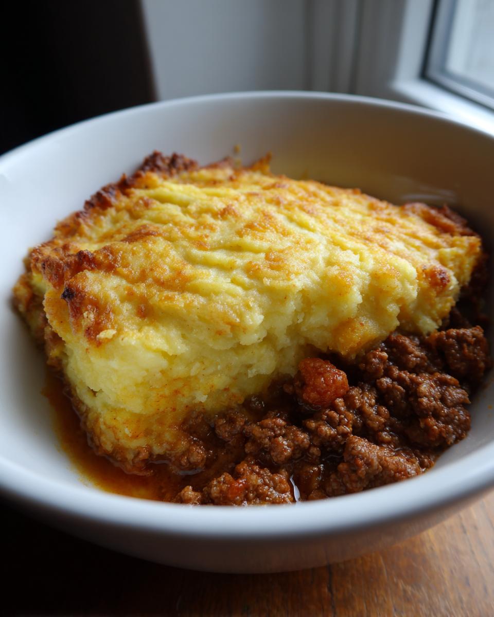 Close-up of a serving of Homemade Shepherds Pie with a thick, golden-brown mashed potato topping over rich meat filling in a white bowl.