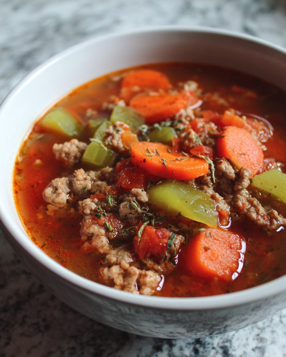 Close-up of a white bowl filled with Italian Ground Turkey Vegetable Soup, featuring ground turkey, sliced carrots, and celery in a rich broth.