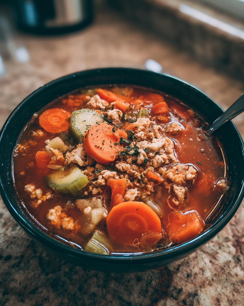Close-up of a dark bowl filled with Italian Ground Turkey Vegetable Soup featuring ground turkey, sliced carrots, and celery.