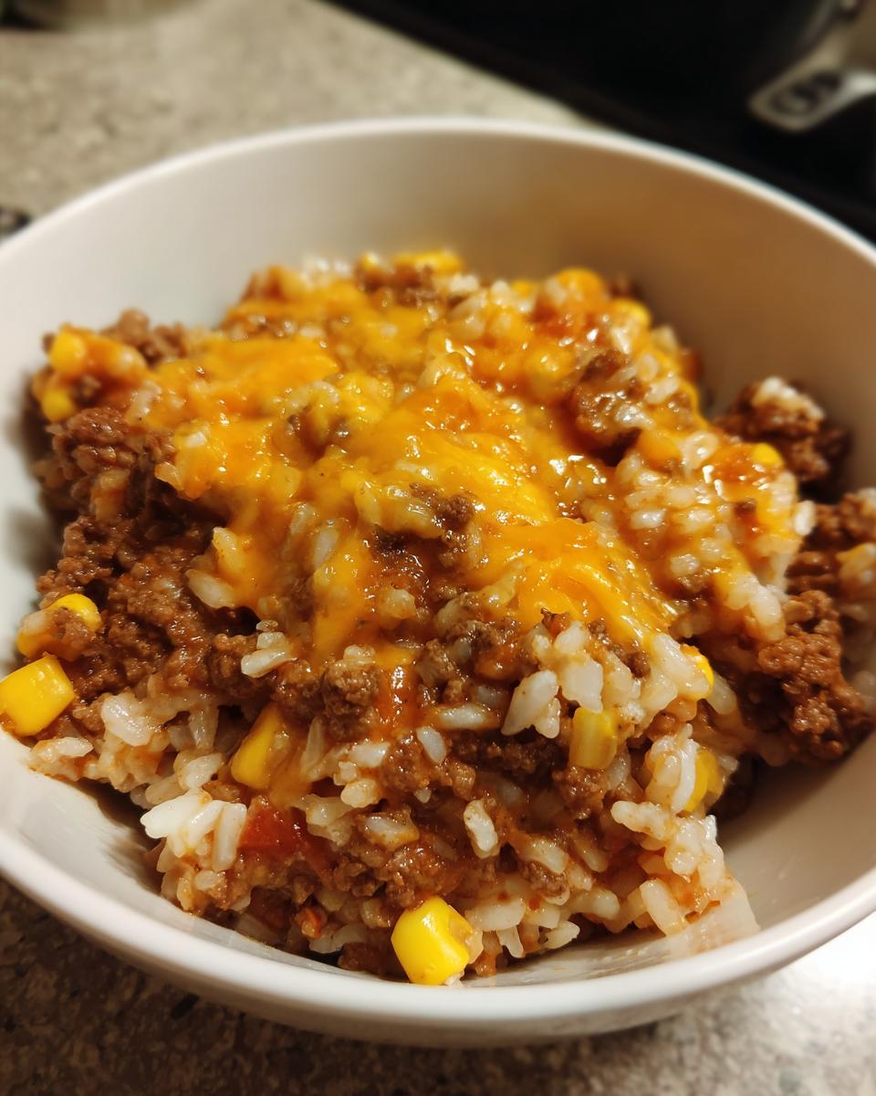 Close-up of a bowl filled with Mexican Beef and Rice Skillet, featuring seasoned ground beef, white rice, corn, and melted cheddar cheese.