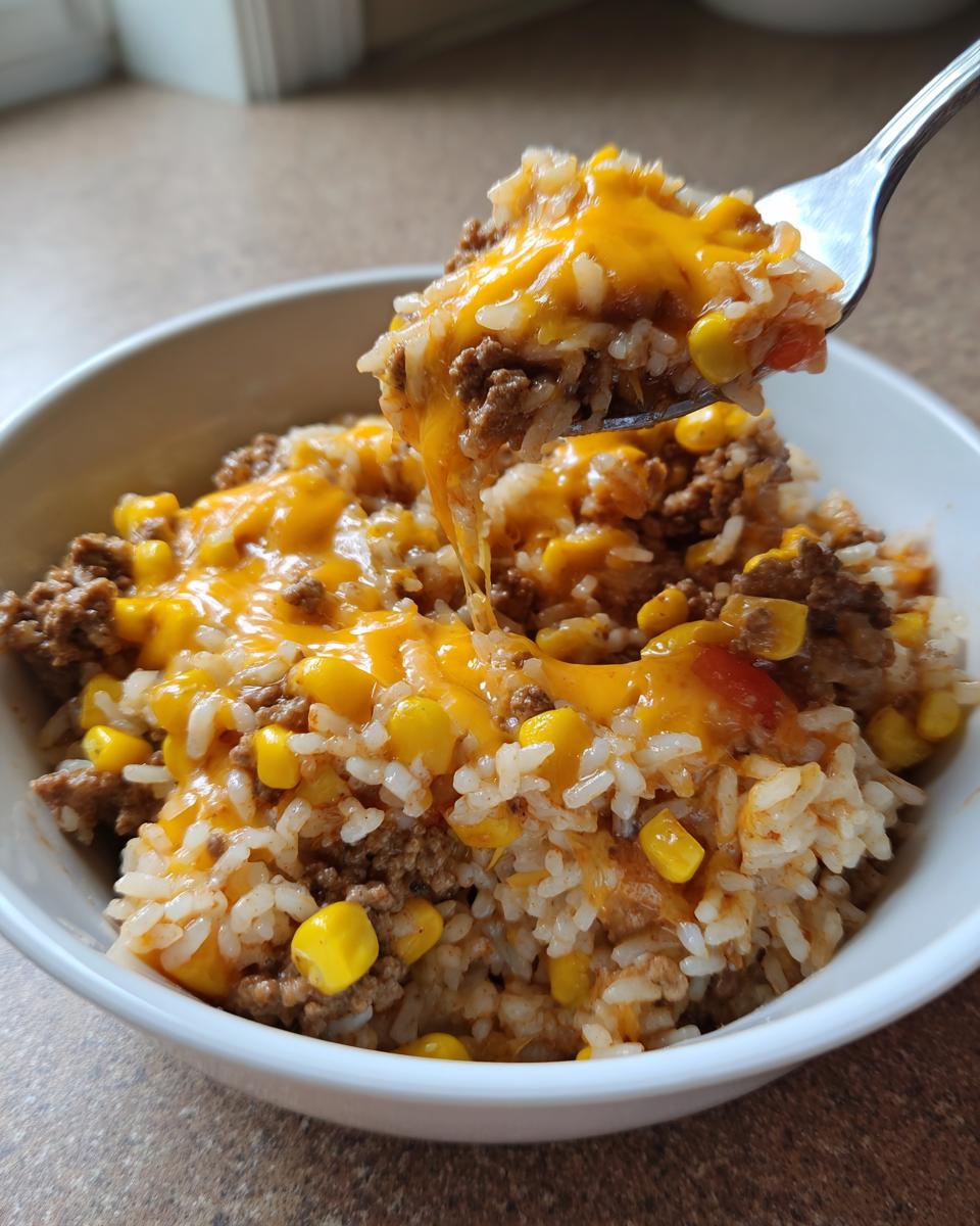 A fork lifting a cheesy, saucy bite of Mexican Beef and Rice Skillet from a white bowl.