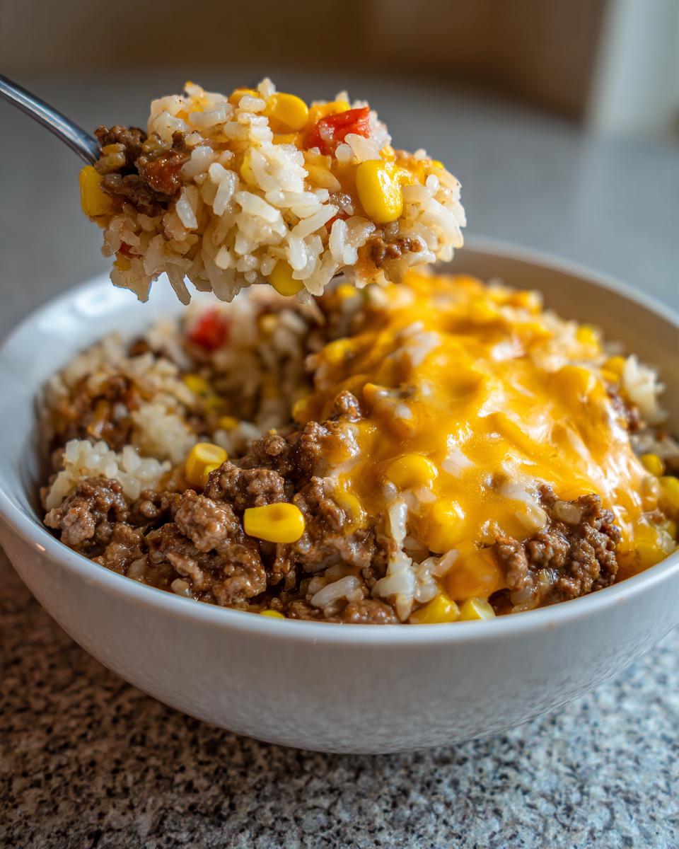 A spoonful of Mexican Beef And Rice Skillet mixture, featuring ground beef, rice, and corn, being lifted from a bowl topped with melted cheddar cheese.