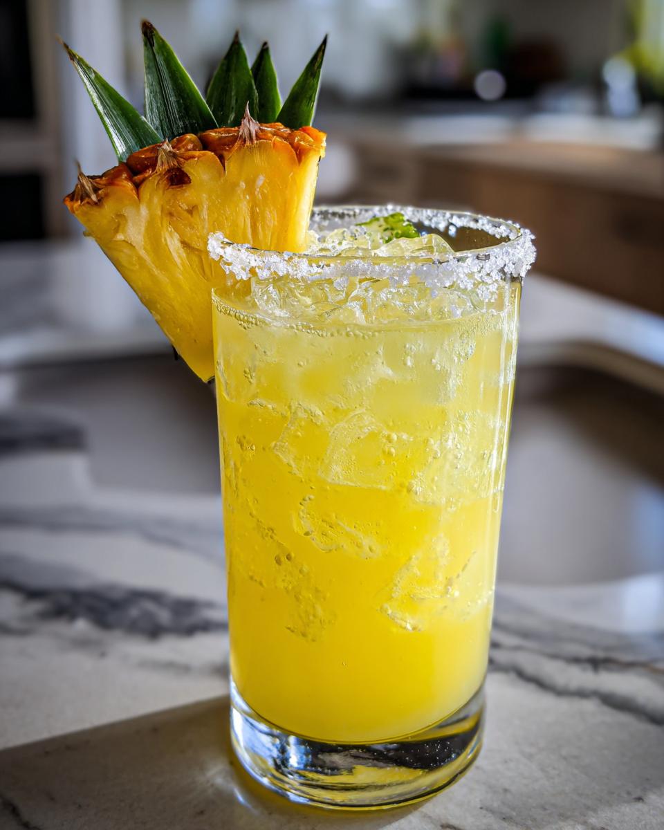 A tall glass filled with a bright yellow Pineapple Margaritas, garnished with a pineapple wedge and a salt rim.